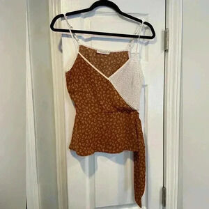 Paper Crane Brown White Animal Polka Dot Wrap Front Tie Side Tank Top Size S